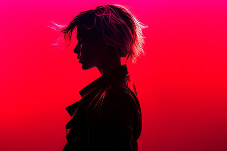 a silhouette of a woman in a black jacket against a red backgroundの素材