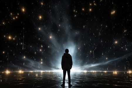 a man standing in the middle of a lake at nightの素材