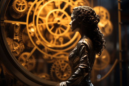 a statue of a woman standing in front of a clockの素材