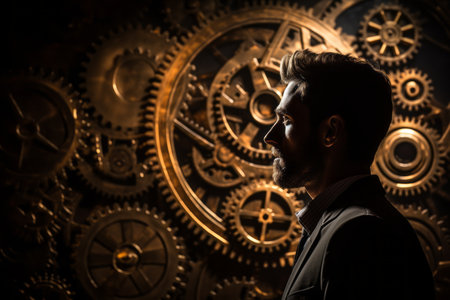 a man in a suit standing in front of a wall of gearsの素材