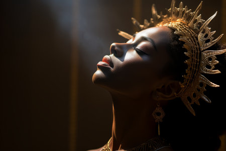 a beautiful woman in a gold headdress with smoke coming out of her mouthの素材