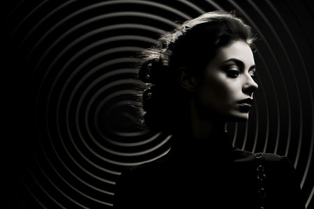 a black and white photo of a woman in front of a spiralの素材