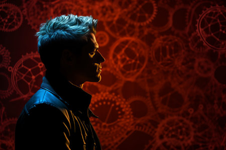 a man is standing in front of a red backgroundの素材