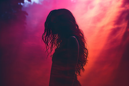 a silhouette of a woman standing in front of a red and purple lightの素材