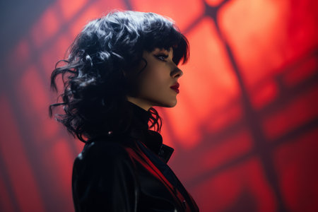 a woman in a black leather jacket standing in front of a red lightの素材