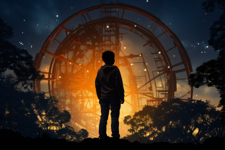 a man standing in front of a ferris wheel at nightの素材