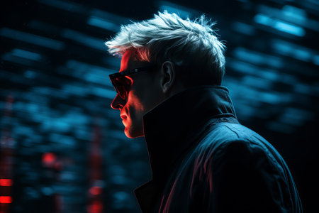 a man wearing sunglasses and a black jacket standing in front of red and blue lightsの素材