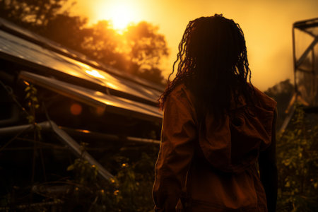 a silhouette of a person standing in front of a building at sunsetの素材