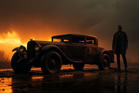 a man stands next to an old car in front of a sunsetの素材