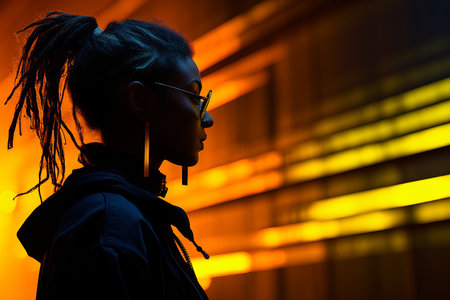 a woman with dreadlocks is standing in front of a neon lightの素材