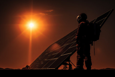 an astronaut standing in front of a solar panelの素材