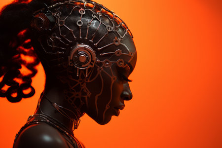 an image of an african woman with a headpiece on an orange backgroundの素材
