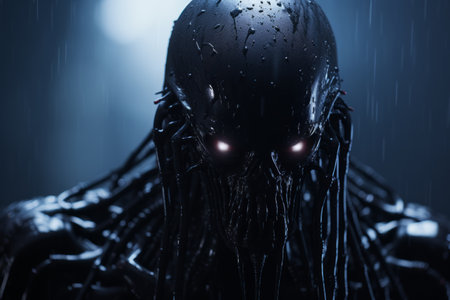 a dark alien with glowing eyes in the rainの素材