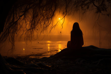 a woman is sitting on a log by the water at nightの素材