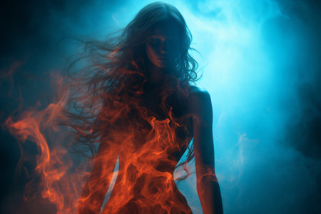 a woman with long hair and fire is standing in front of a dark backgroundの素材