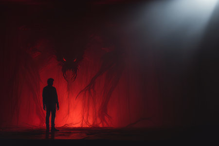 a man standing in front of a red demonの素材