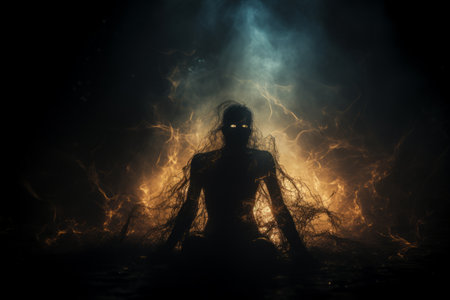 an image of a man in the dark with fire coming out of himの素材