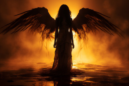 an angel standing in the dark with wings outstretchedの素材