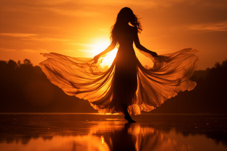 silhouette of a woman in a long dress standing in front of the sunの素材