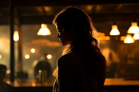 a silhouette of a woman standing in front of a barの素材