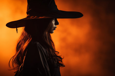 a woman in a witch hat is standing in front of a dark backgroundの素材