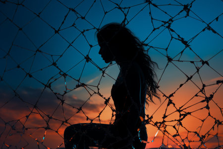 a silhouette of a woman sitting on a fence at sunsetの素材