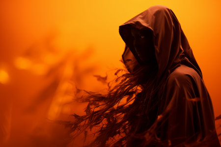 a person in a hooded robe is standing in front of an orange backgroundの素材