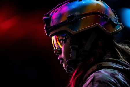 a woman wearing a helmet and a rainbow colored visorの素材