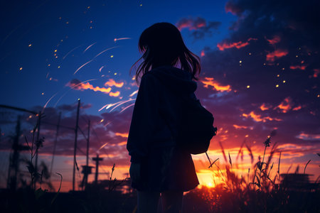 a girl standing in front of a sunset with stars in the skyの素材