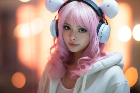a girl with pink hair wearing headphonesの素材