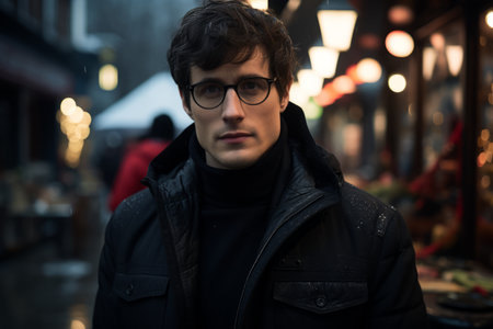 a man wearing glasses and a black jacket standing in the middle of a streetの素材