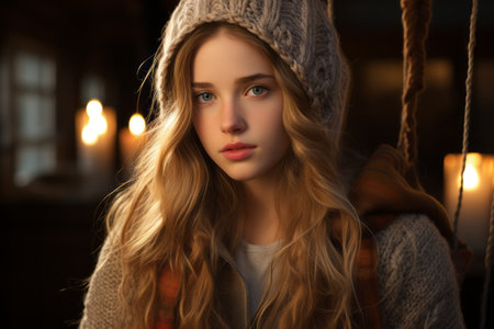 a beautiful young woman with long hair wearing a sweater and hatの素材
