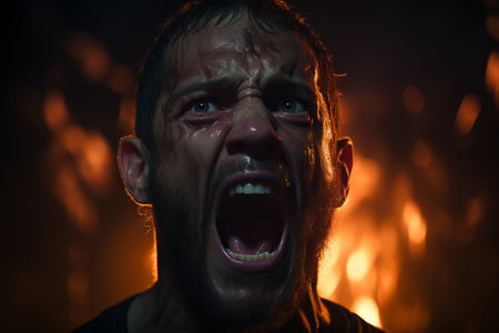 a man screaming in front of a fireの素材