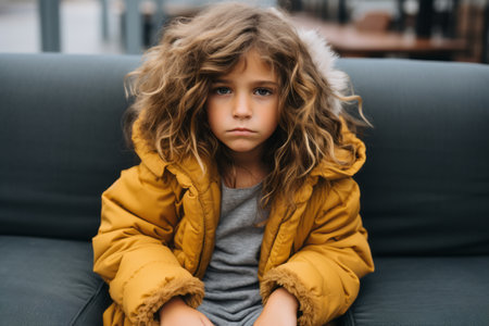 a little girl sitting on a couch in a yellow jacketの素材