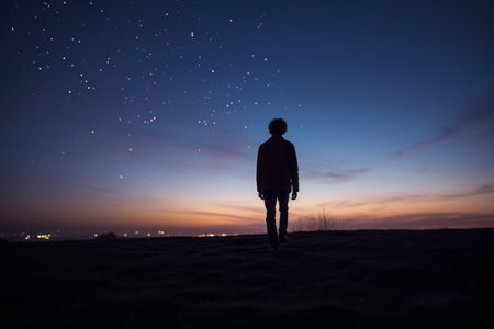a person standing in the middle of a field looking up at the skyの素材
