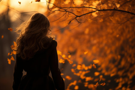 a woman in a black dress is walking through an autumn forestの素材