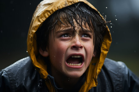 a young boy is crying in the rainの素材