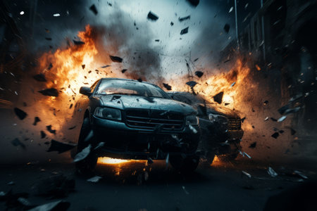 an image of a car being destroyed by an explosionの素材