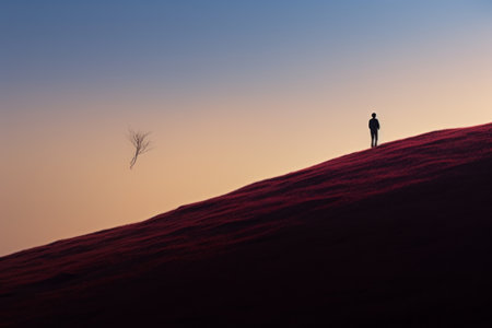 silhouette of a man standing on top of a hillの素材