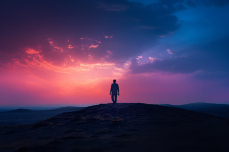 silhouette of a man standing on top of a hill at sunsetの素材