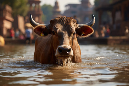 a brown cow is standing in the waterの素材