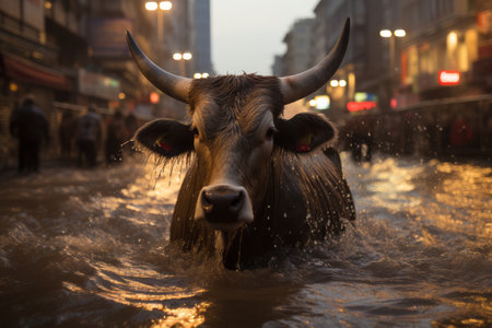 a bull is walking through a flooded city streetの素材
