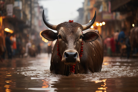 a bull is walking through a flooded street at nightの素材