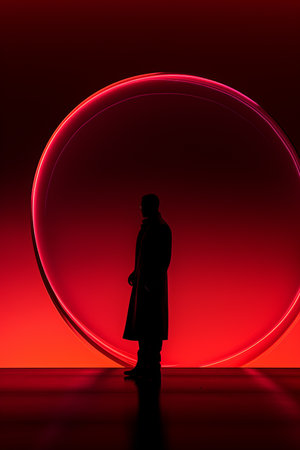 a person standing in front of a red circleの素材
