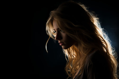 a beautiful blonde woman in the dark with her hair blowing in the windの素材