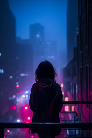 a person standing on a balcony looking at the city at nightの素材