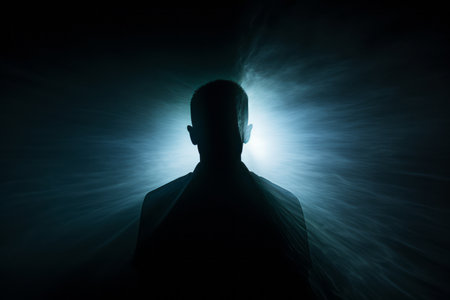 a silhouette of a man standing in front of a bright lightの素材