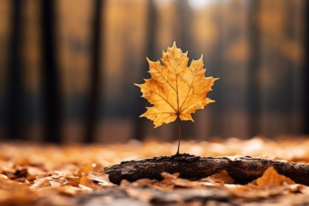 a single maple leaf in the middle of an autumn forestの素材