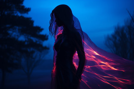 a woman in a black dress standing in front of a tree at nightの素材