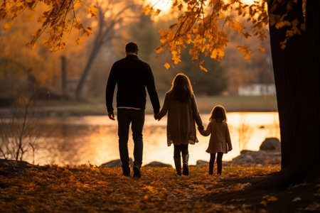 a man and two children walking through an autumn forest at sunsetの素材